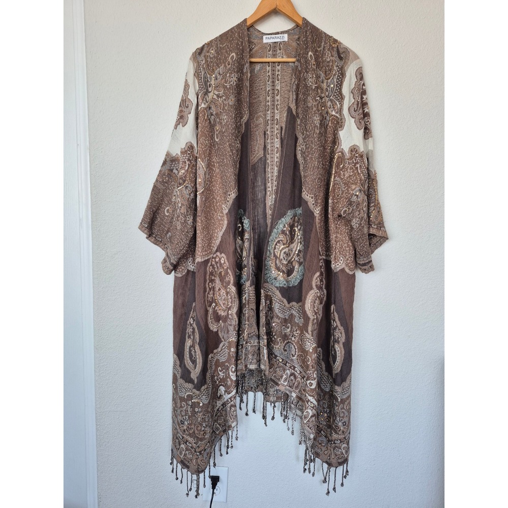 Paparazzi by BIZ Brown Paisley Sequin Beaded Fringe Kimono‎ Duster One Size